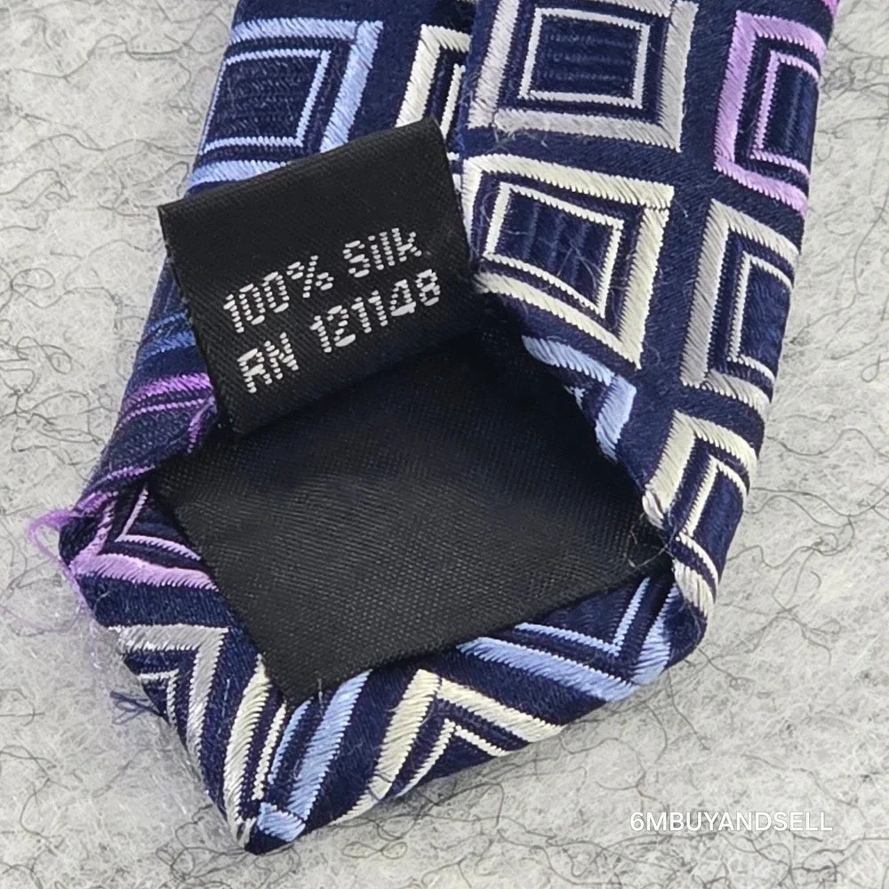 Michael Kors Mens‎ Silk Tie Navy Blue Purple Geometric Square Pattern RN 121148